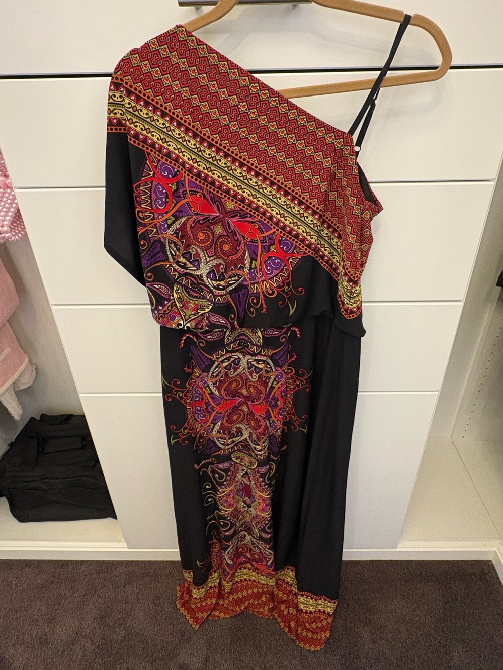 Emma & Michele Black One-Shoulder Maxi Dress with Red Paisley Accents